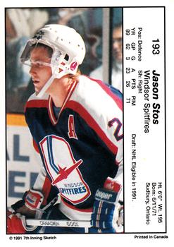 1990-91 7th Inning Sketch OHL #193 Jason Stos Back
