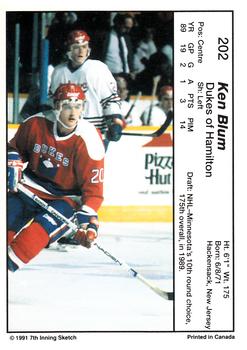 1990-91 7th Inning Sketch OHL #202 Ken Blum Back