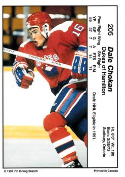 1990-91 7th Inning Sketch OHL #205 Dale Chokan Back