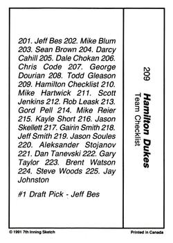 1990-91 7th Inning Sketch OHL #209 Hamilton Checklist Back