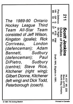 1990-91 7th Inning Sketch OHL #211 Scott Jenkins Back
