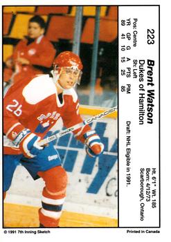 1990-91 7th Inning Sketch OHL #223 Brent Watson Back