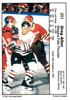 1990-91 7th Inning Sketch OHL #251 Greg Allen Back