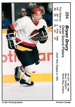 1990-91 7th Inning Sketch OHL #284 Bryan Drury Back