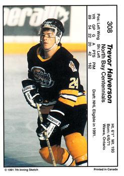 1990-91 7th Inning Sketch OHL #308 Trevor Halverson Back