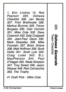 1990-91 7th Inning Sketch OHL #325 Oshawa Checklist Back