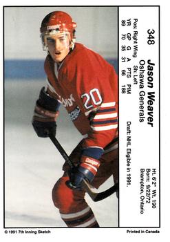 1990-91 7th Inning Sketch OHL #348 Jason Weaver Back
