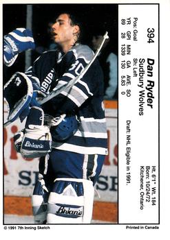 1990-91 7th Inning Sketch OHL #394 Dan Ryder Back