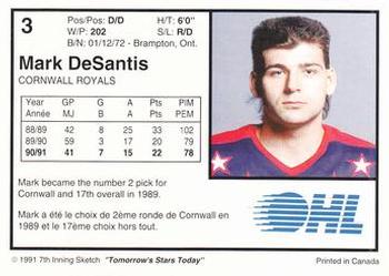 1991-92 7th Inning Sketch OHL #3 Mark DeSantis Back