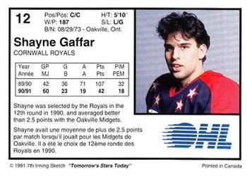 1991-92 7th Inning Sketch OHL #12 Shayne Gaffar Back