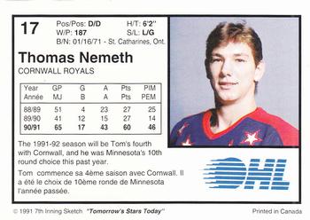 1991-92 7th Inning Sketch OHL #17 Tom Nemeth Back