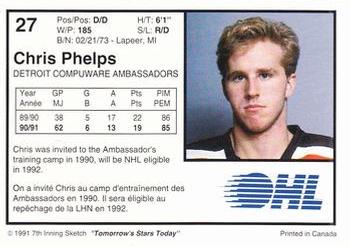 1991-92 7th Inning Sketch OHL #27 Chris Phelps Back