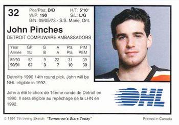 1991-92 7th Inning Sketch OHL #32 John Pinches Back