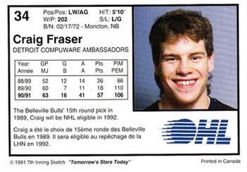 1991-92 7th Inning Sketch OHL #34 Craig Fraser Back