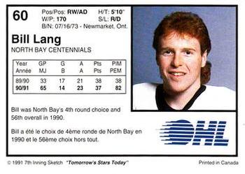 1991-92 7th Inning Sketch OHL #60 Bill Lang Back