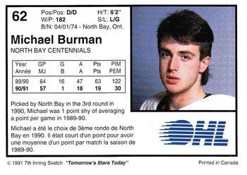 1991-92 7th Inning Sketch OHL #62 Michael Burman Back