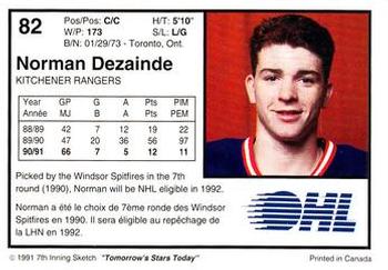 1991-92 7th Inning Sketch OHL #82 Norman Dezainde Back