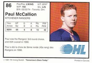 1991-92 7th Inning Sketch OHL #86 Paul McCallion Back