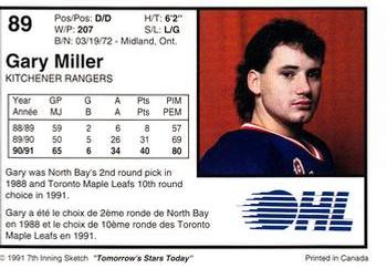 1991-92 7th Inning Sketch OHL #89 Gary Miller Back