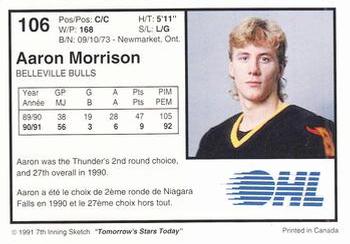 1991-92 7th Inning Sketch OHL #106 Aaron Morrison Back