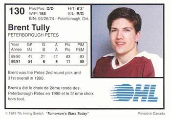 1991-92 7th Inning Sketch OHL #130 Brent Tully Back