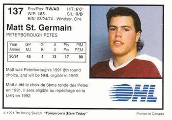 1991-92 7th Inning Sketch OHL #137 Matt St. Germain Back