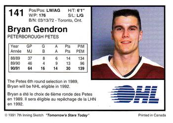 1991-92 7th Inning Sketch OHL #141 Bryan Gendron Back