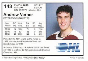 1991-92 7th Inning Sketch OHL #143 Andrew Verner Back