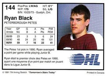 1991-92 7th Inning Sketch OHL #144 Ryan Black Back
