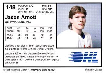 1991-92 7th Inning Sketch OHL #148 Jason Arnott Back