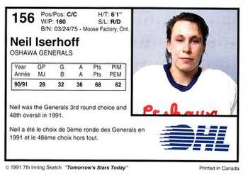 1991-92 7th Inning Sketch OHL #156 Neil Iserhoff Back