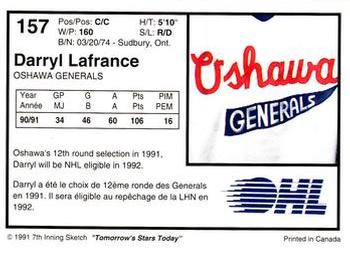 1991-92 7th Inning Sketch OHL #157 Darryl LaFrance Back