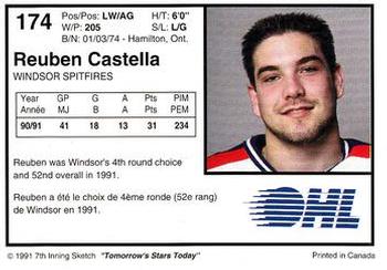 1991-92 7th Inning Sketch OHL #174 Reuben Castella Back