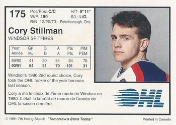 1991-92 7th Inning Sketch OHL #175 Cory Stillman Back