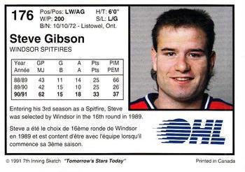 1991-92 7th Inning Sketch OHL #176 Steve Gibson Back
