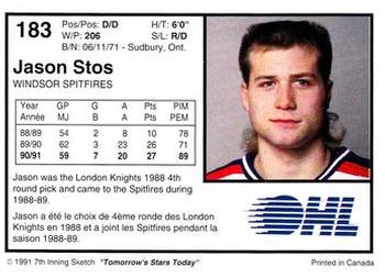 1991-92 7th Inning Sketch OHL #183 Jason Stos Back