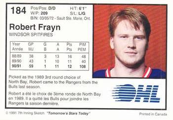 1991-92 7th Inning Sketch OHL #184 Robert Frayn Back