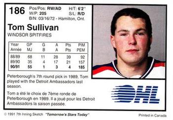 1991-92 7th Inning Sketch OHL #186 Tom Sullivan Back