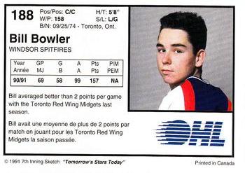 1991-92 7th Inning Sketch OHL #188 Bill Bowler Back