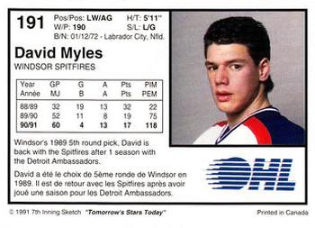 1991-92 7th Inning Sketch OHL #191 David Myles Back