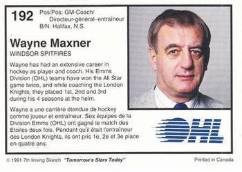 1991-92 7th Inning Sketch OHL #192 Wayne Maxner Back
