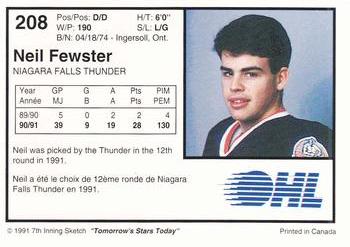 1991-92 7th Inning Sketch OHL #208 Neil Fewster Back