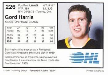 1991-92 7th Inning Sketch OHL #226 Gord Harris Back