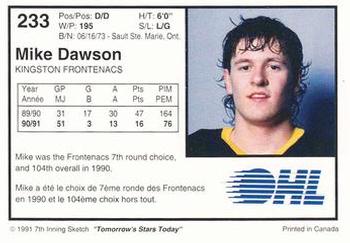 1991-92 7th Inning Sketch OHL #233 Mike Dawson Back