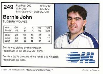 1991-92 7th Inning Sketch OHL #249 Bernie John Back