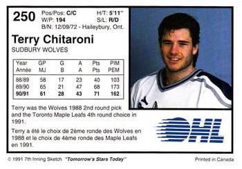 1991-92 7th Inning Sketch OHL #250 Terry Chitaroni Back