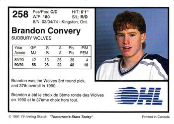1991-92 7th Inning Sketch OHL #258 Brandon Convery Back