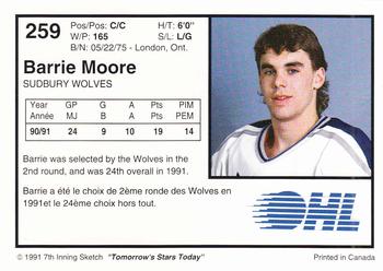 1991-92 7th Inning Sketch OHL #259 Barrie Moore Back