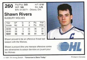 1991-92 7th Inning Sketch OHL #260 Shawn Rivers Back