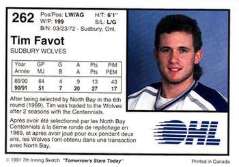 1991-92 7th Inning Sketch OHL #262 Tim Favot Back